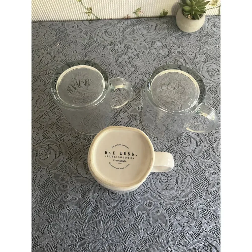 Rae Dunn Mug Lot of 3 EXPLORE Ceramic Plus WARM COZY Glass Mugs by Magenta